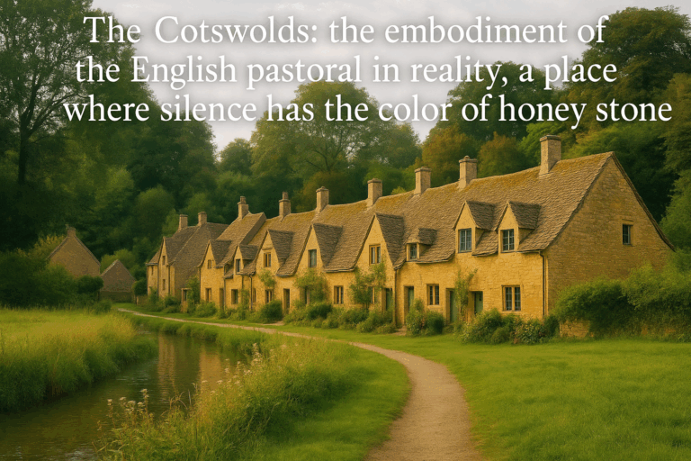 Honey-colored cottages in the Cotswolds by a stream.